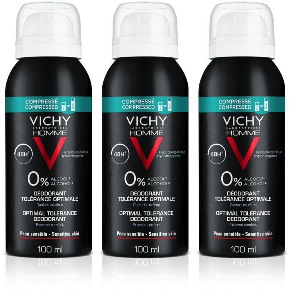 Drie zwarte deodorant sprays met witte dop. Opschrift: VICHY HOMME, 0% alcohol, 48h. Voor gevoelige huid.