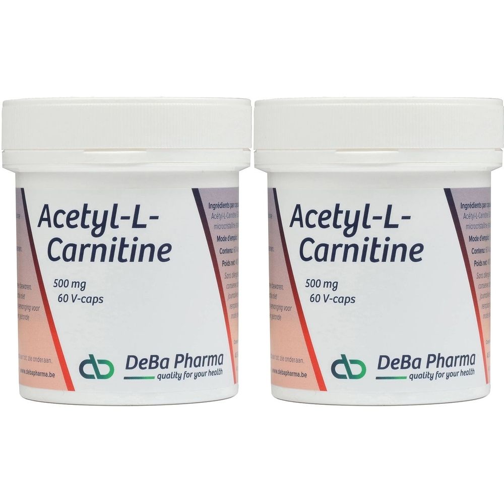 Twee witte potten met deksels. Opschrift: Acetyl-L-Carnitine, 500 mg, 60 V-caps. Logo DeBa Pharma.