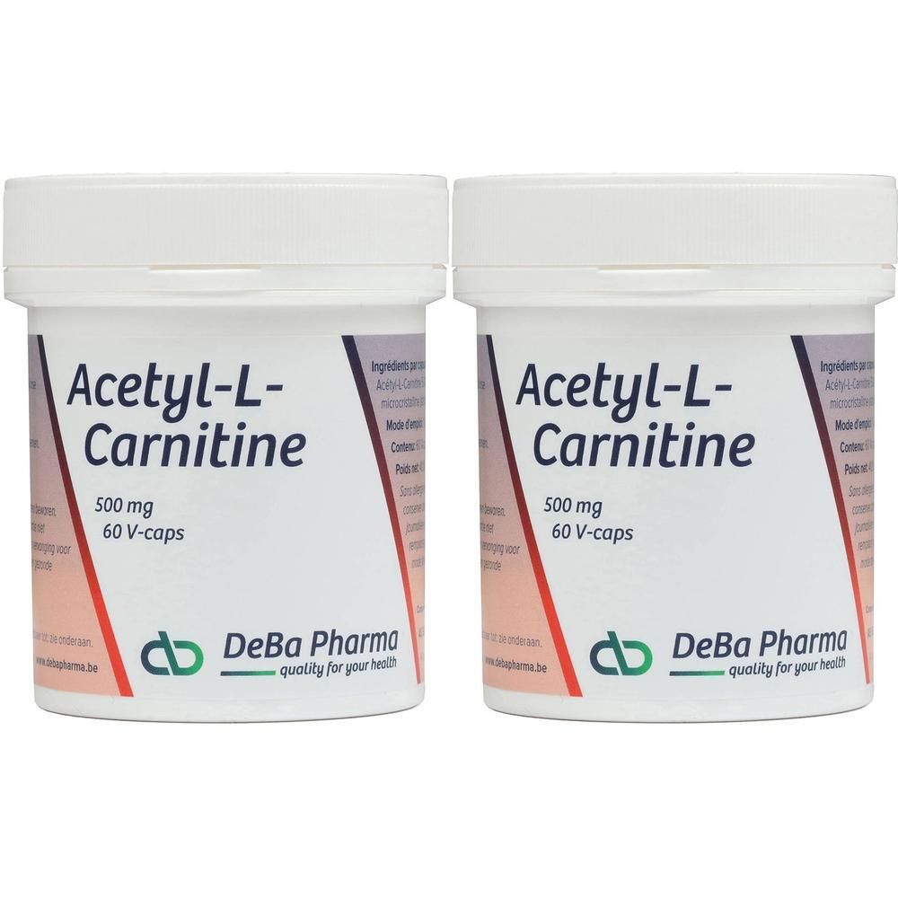Twee witte potten met deksels. Opschrift: Acetyl-L-Carnitine 500 mg, 60 V-caps. Merk: DeBa Pharma.