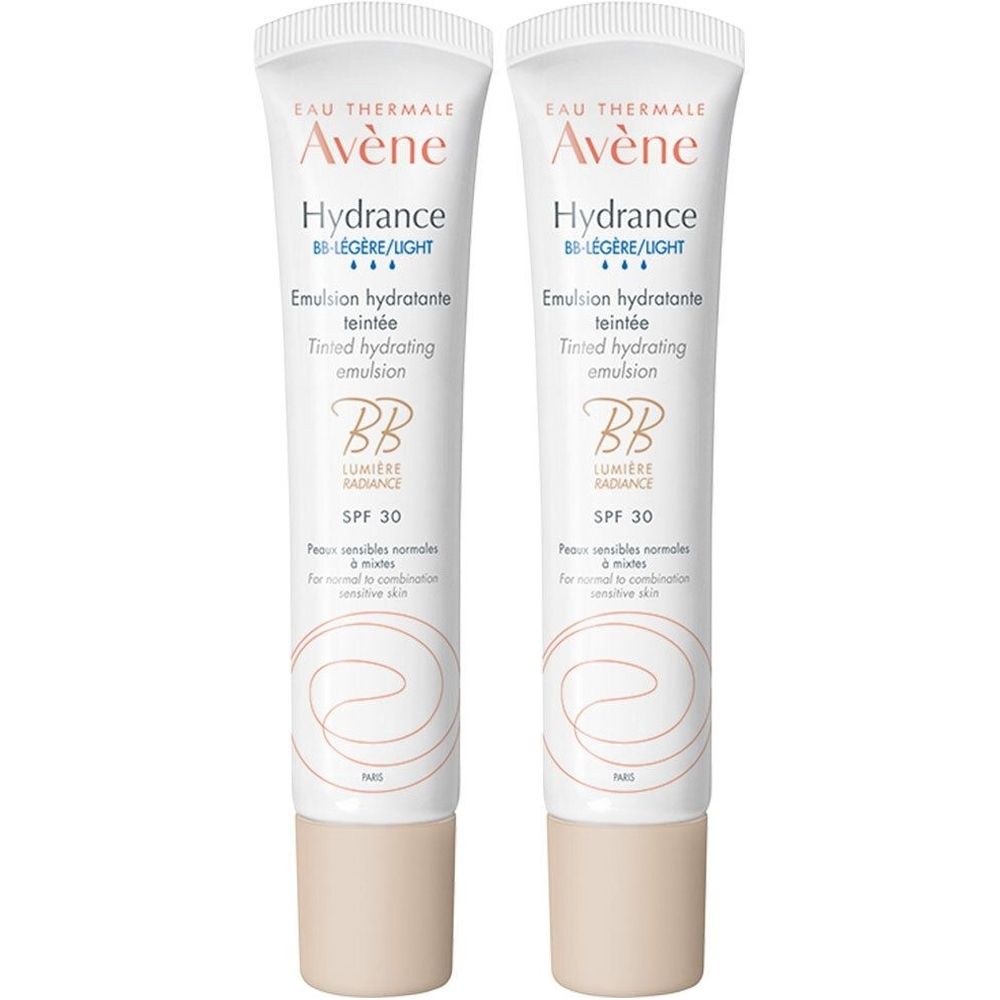 Twee tubes Avène Hydrance BB légère. Witte tubes met productnaam en SPF 30. Tint voor normale tot gemengde huid.