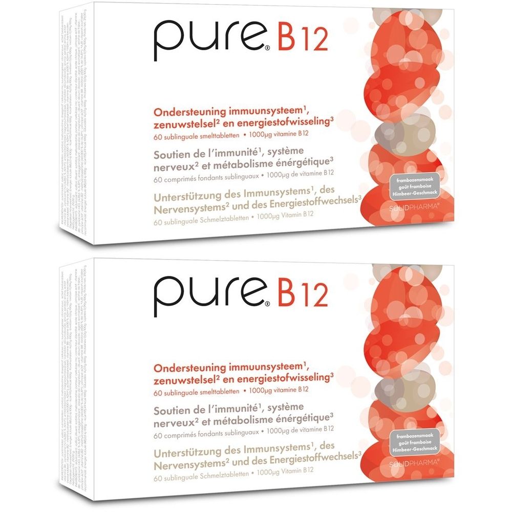 Twee witte dozen met "pure. B12". Tekst in het Duits, Frans en Nederlands. Illustratie van rode vormen.