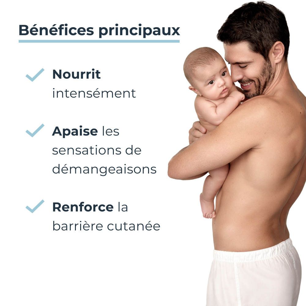 Homme tenant un bébé, bénéfices principaux : nourrit intensément, apaise les démangeaisons, renforce la barrière cutanée.