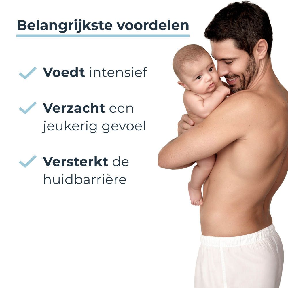 Man houdt baby vast, belangrijkste voordelen: voedt intensief, verzacht jeuk, versterkt huidbarrière.