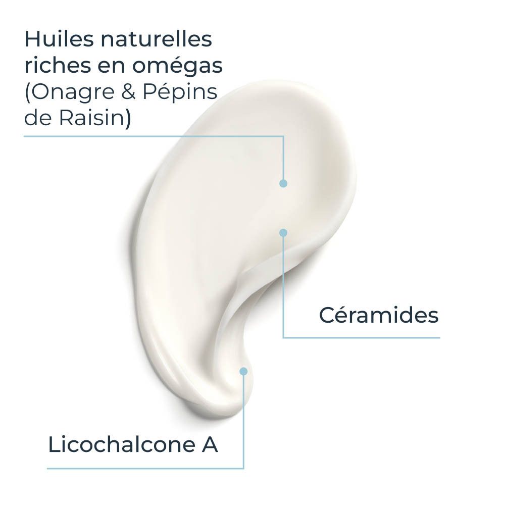 Texture de crème avec Licochalcone A, Céramides et huiles naturelles.
