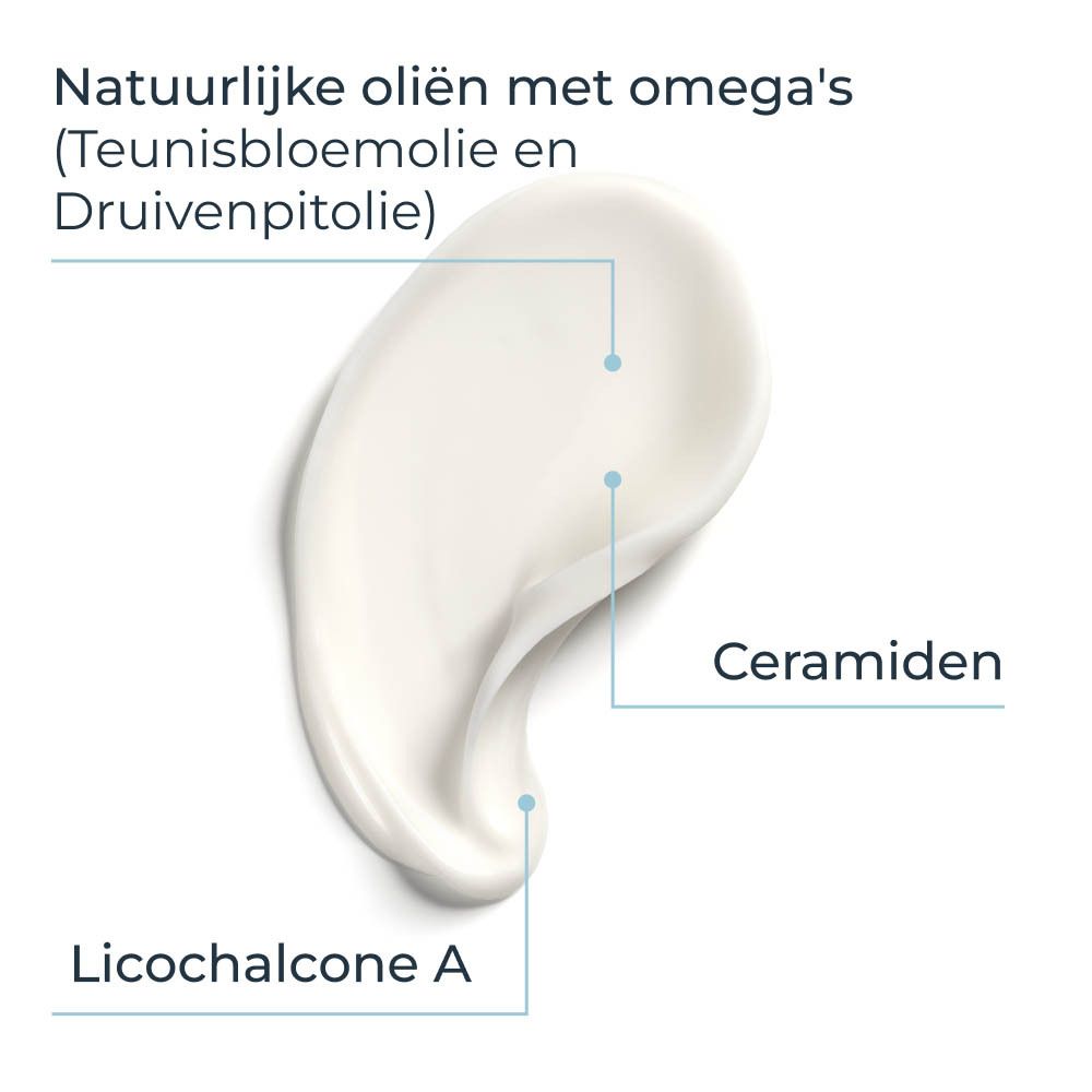 Crème textuur met Licochalcone A, Ceramiden en natuurlijke oliën.