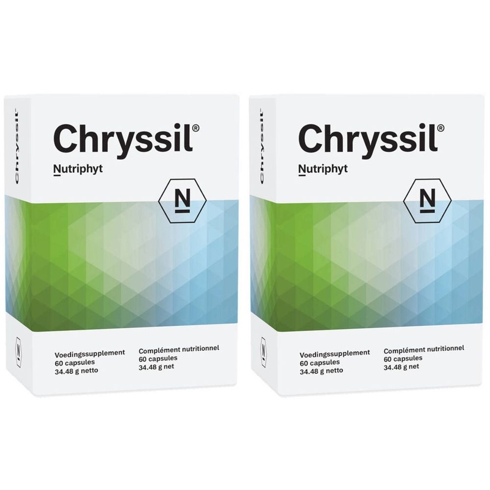 Twee witte dozen met de naam Chryssil en het logo N. Opschrift: Nutriphyt, voedingssupplement.