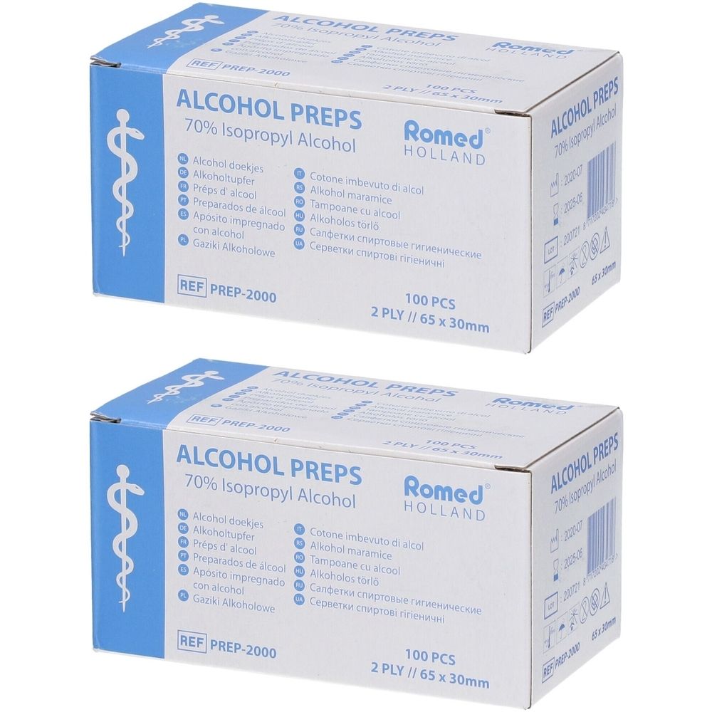 Deux boîtes de tampons imbibés d'alcool. Inscription : ALCOHOL PREPS, 70% Isopropyl Alcohol, Romed Holland. Paquet de 100.