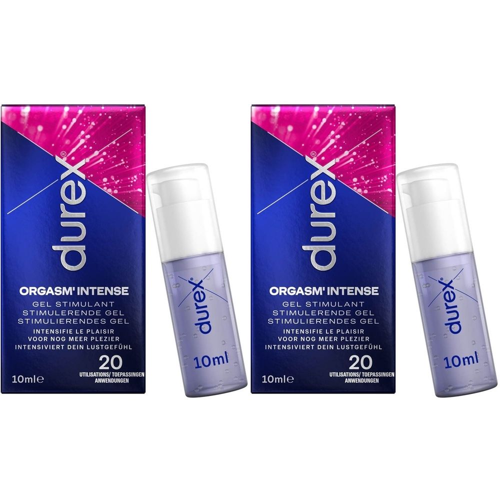 Twee dozen en twee flessen. Op de dozen staat "Durex Orgasm'Intense Gel Stimulant". Op de flessen staat "10ml".