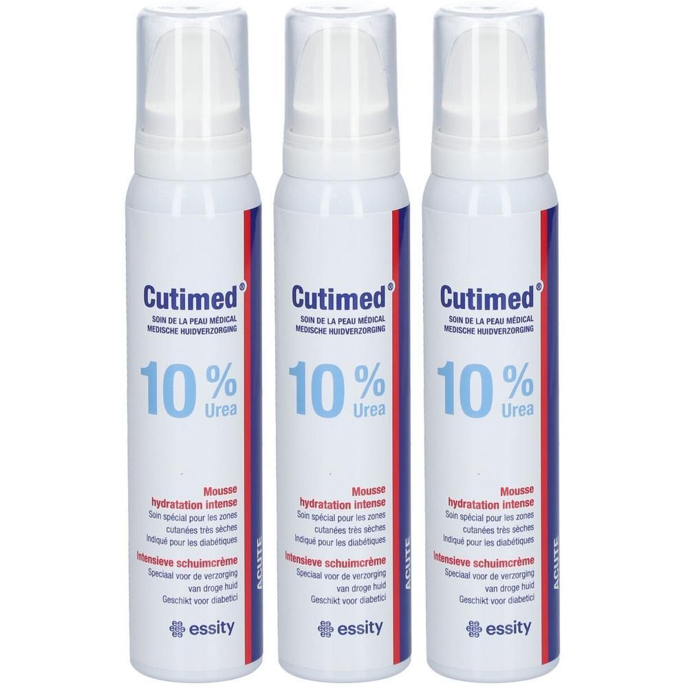 Drie witte spuitbussen met blauwe en rode belettering. Opschrift: Cutimed, 10% Urea, Mousse hydratation intense.
