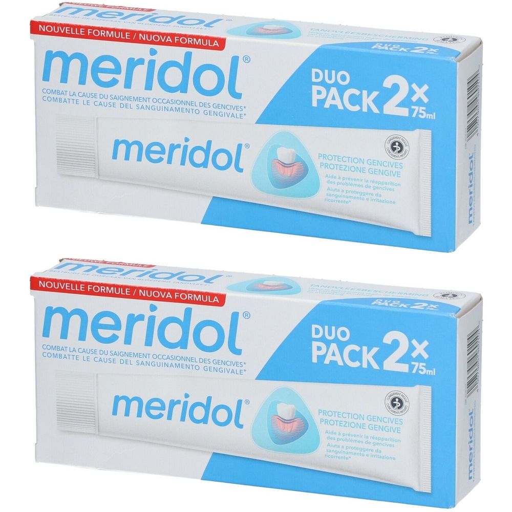 Deux boîtes de dentifrice meridol®. Duo-Pack avec deux tubes. Tubes blancs et emballage avec texte bleu et rouge.