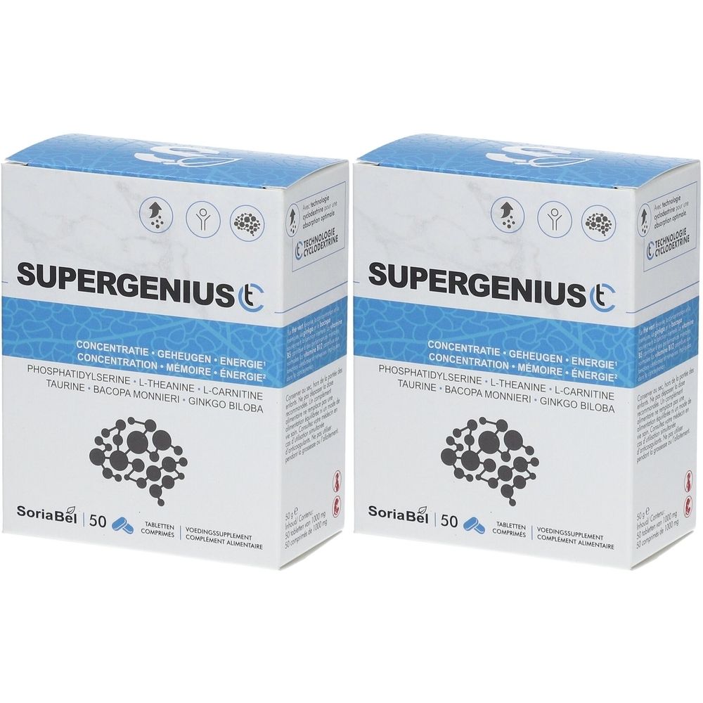 Deux boîtes de "SUPERGENIUS C". Emballage bleu et blanc. Contient 50 comprimés. Marque "SoriaBel".