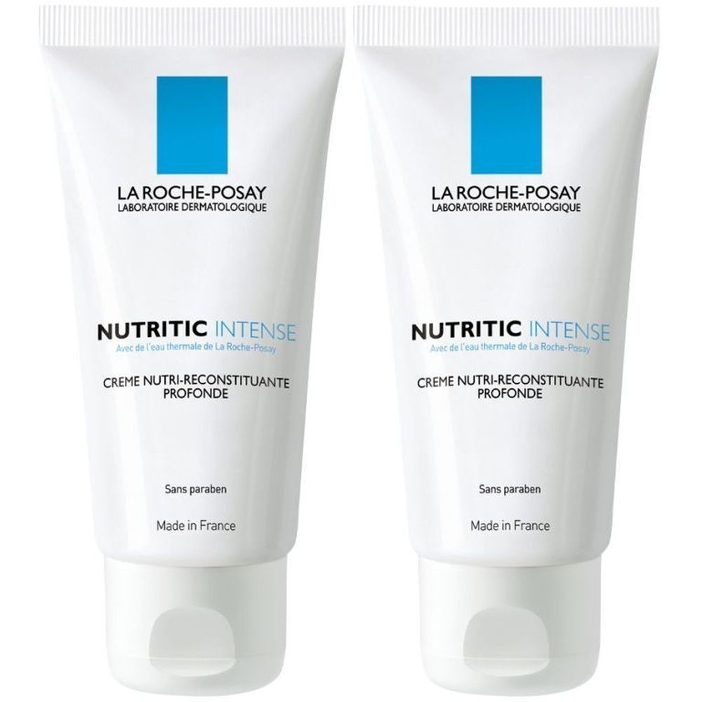 Deux tubes blancs de crème La Roche-Posay Nutritic Intense. Logos bleus en haut, nom et description du produit en dessous. "Sans paraben" et "Made in France".