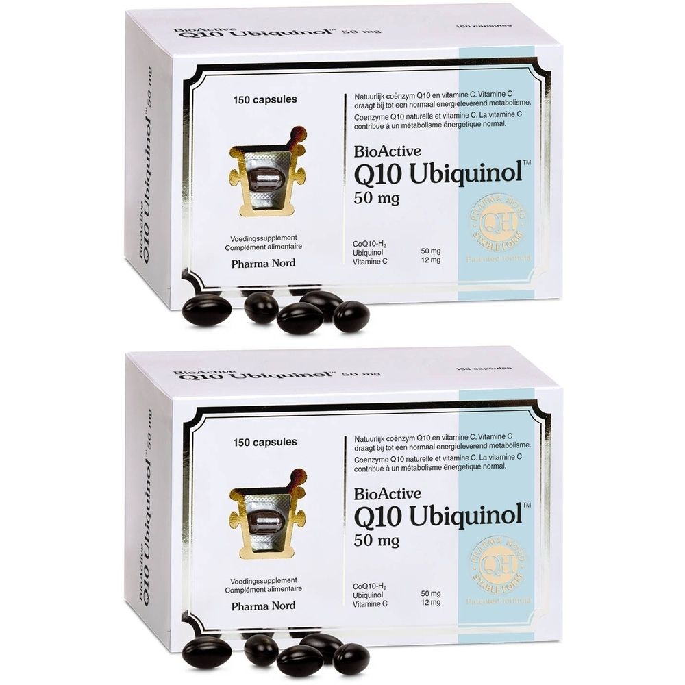 Twee witte dozen met zwarte capsules. Opschrift: BioActive Q10 Ubiquinol 50 mg. Pharma Nord.