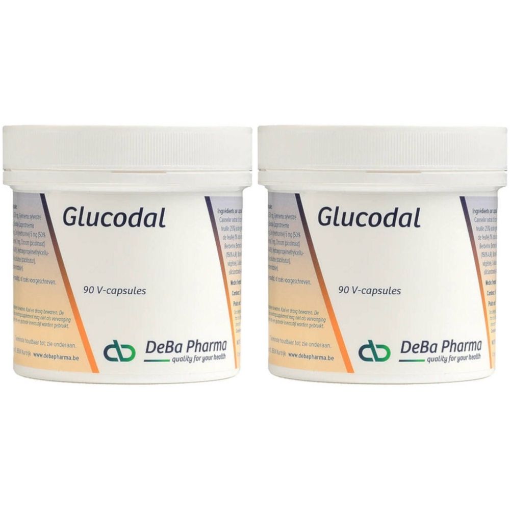Deux pots blancs avec l'inscription "Glucodal" et "90 V-capsules". Le logo DeBa Pharma est également visible.