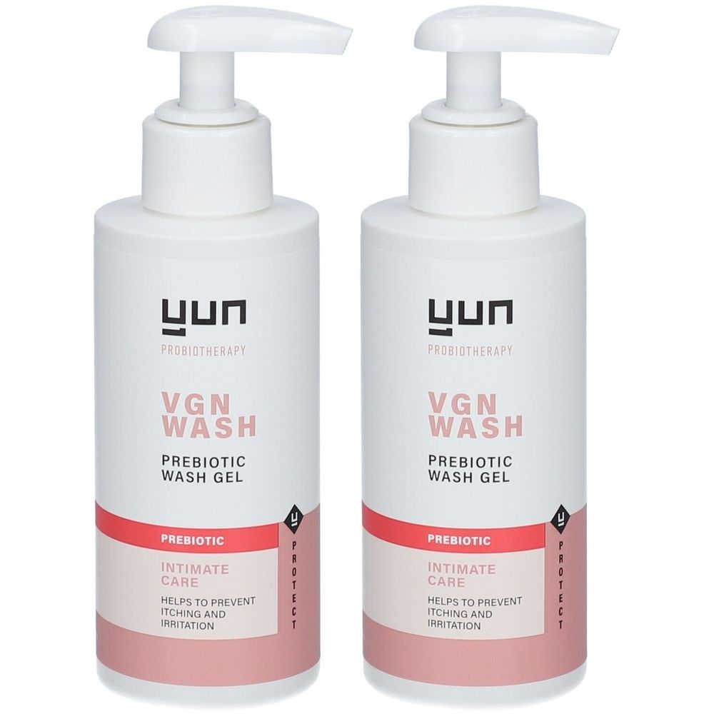 Twee witte flessen met pomp. Opschrift: YUN, VGN WASH, PREBIOTIC WASH GEL, Intimate Care. Helpt jeuk en irritatie te voorkomen.