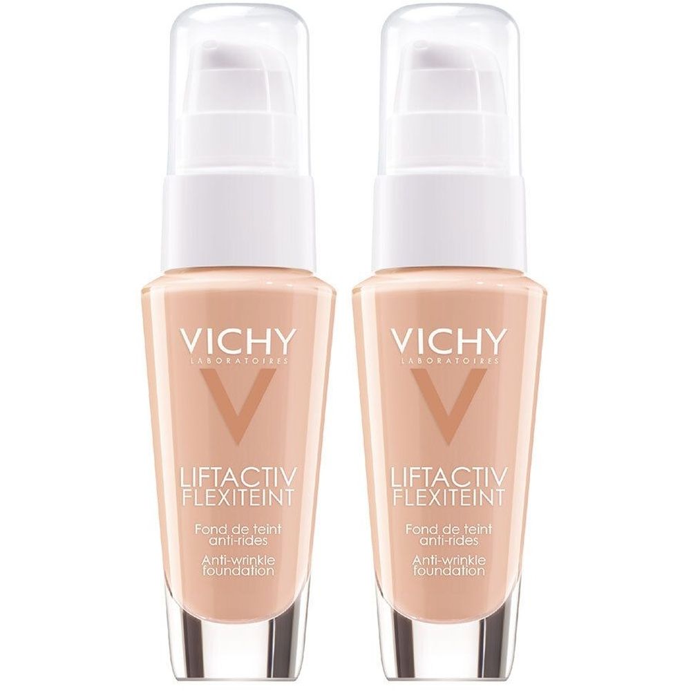 Twee flacons foundation. Opschrift: VICHY, LIFTACTIV FLEXITEINT, Anti-Wrinkle Foundation. Tint: Sand. Met pomp.