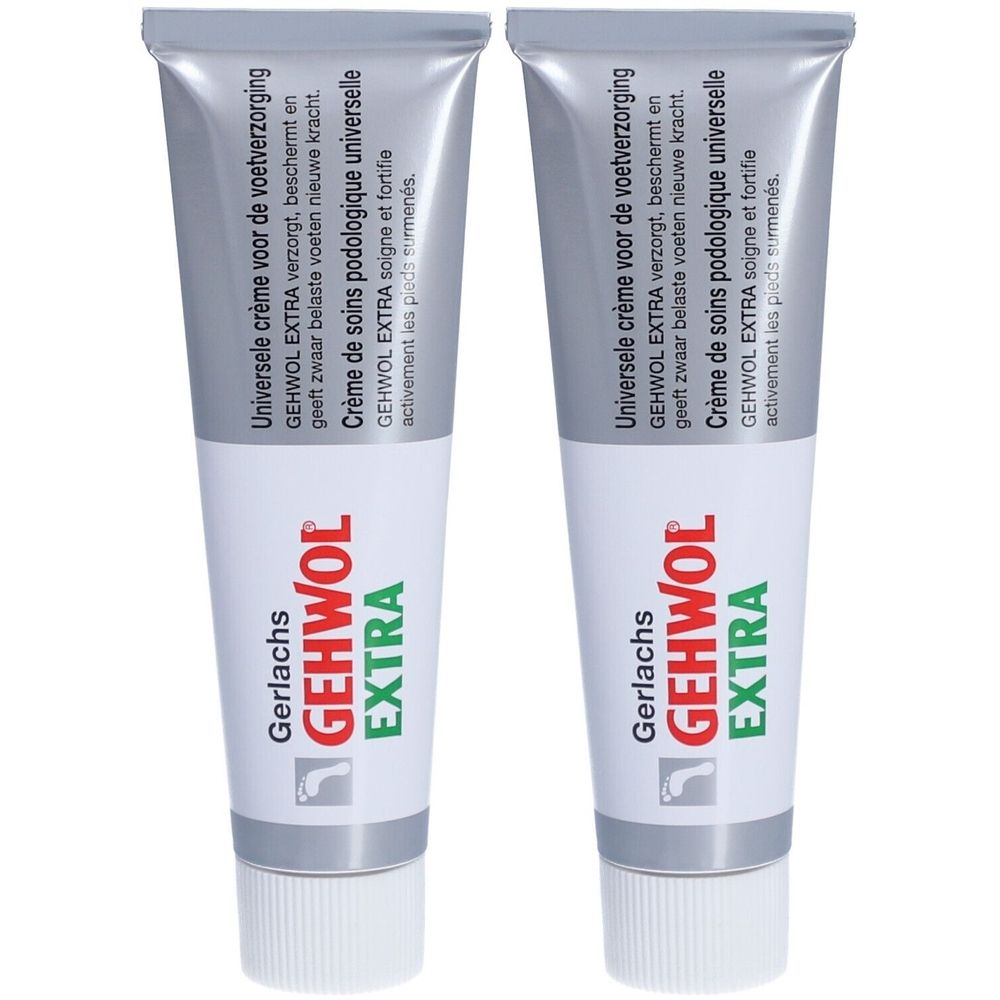 Deux tubes de crème pour les pieds. Bouchon gris, corps blanc avec texte. Marque : GEHWOL EXTRA. Inscriptions en allemand, français et néerlandais.