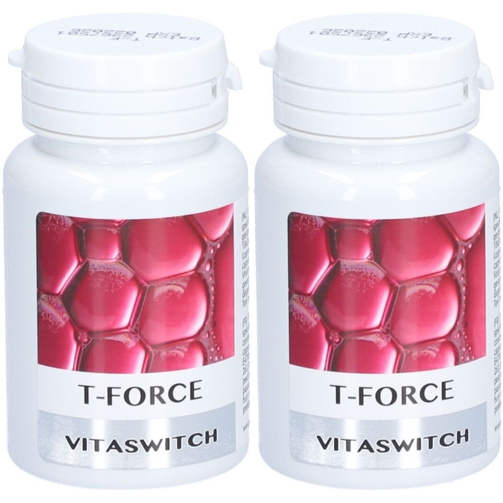Twee witte flessen met doppen. Labels met "T-FORCE" en "VITASWITCH". Rode achtergrond met bellenpatroon.