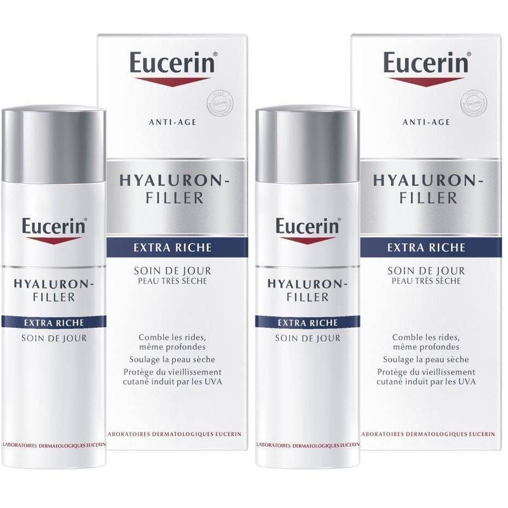Plusieurs emballages de crème de jour Eucerin HYALURON-FILLER Extra Riche. Flacons à bouchons argentés et boîtes blanches avec nom et logo.