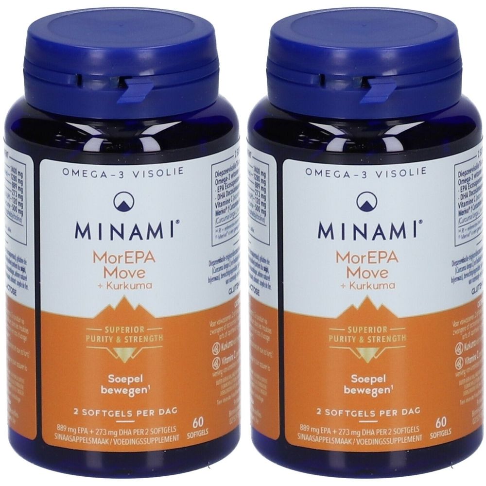 Twee flessen met blauwe doppen. Opschrift: MINAMI MorEPA Move + Kurkuma. Bevat 60 softgels. Omega-3-Visolie.
