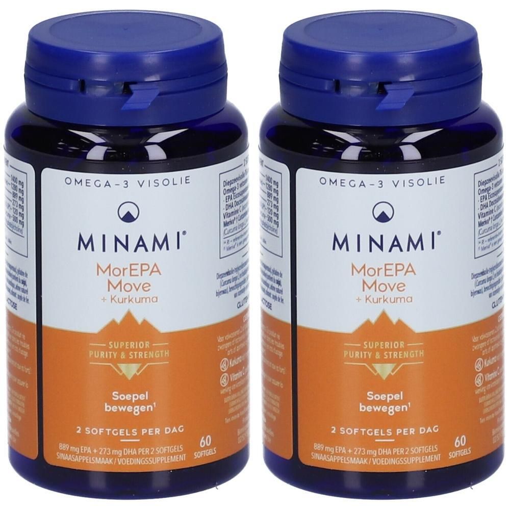 Twee flessen met blauwe doppen. Opschrift: Minami MorEPA Move + Curcuma. 60 softgels. Omega-3 Visolie.