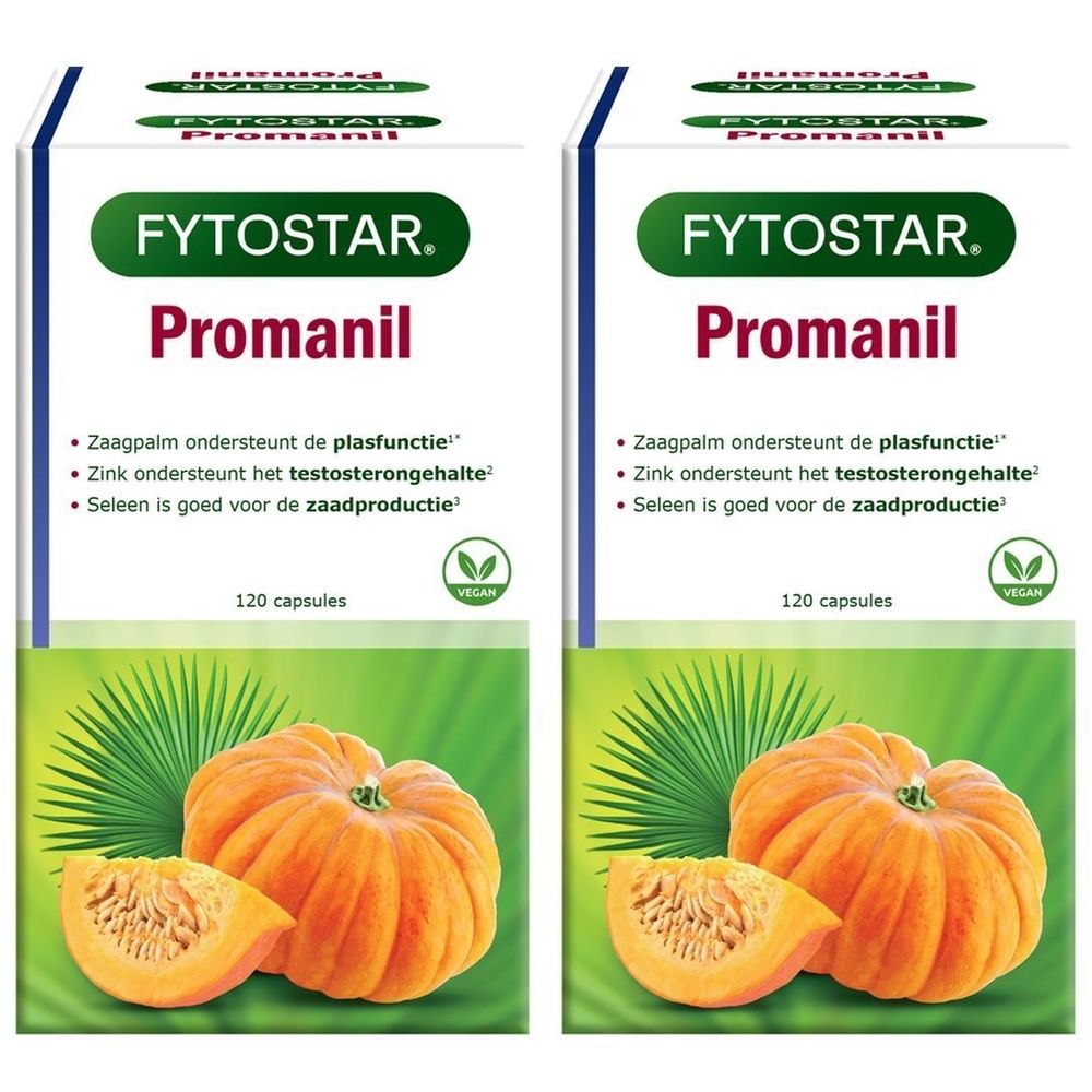 Verpakking van Fytostar Promanil. Wit, groen en oranje. Bevat 120 capsules. Vegan-keurmerk. Illustratie van pompoen.