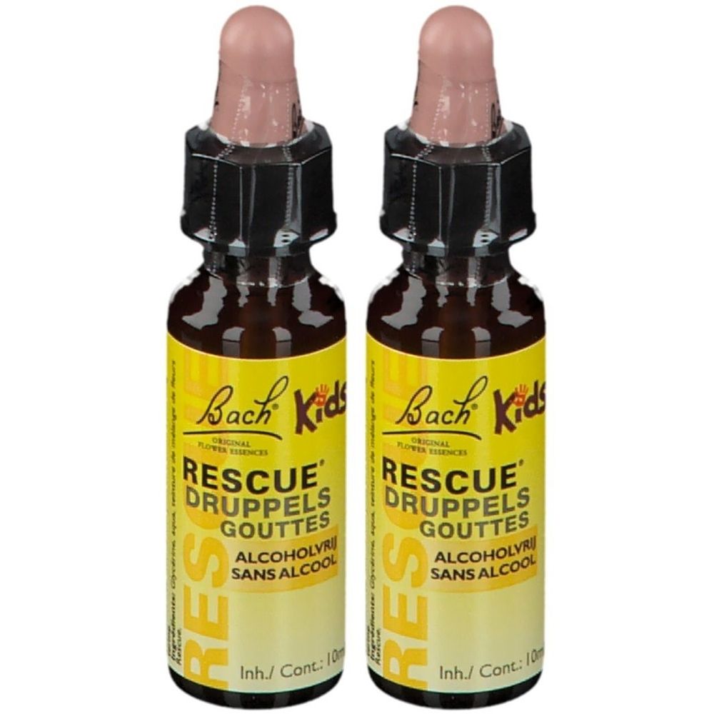 Twee bruine glazen flesjes met geel etiket. Opschrift: Bach Kids Rescue Druppels Gouttes, sans alcool. Met pipet.