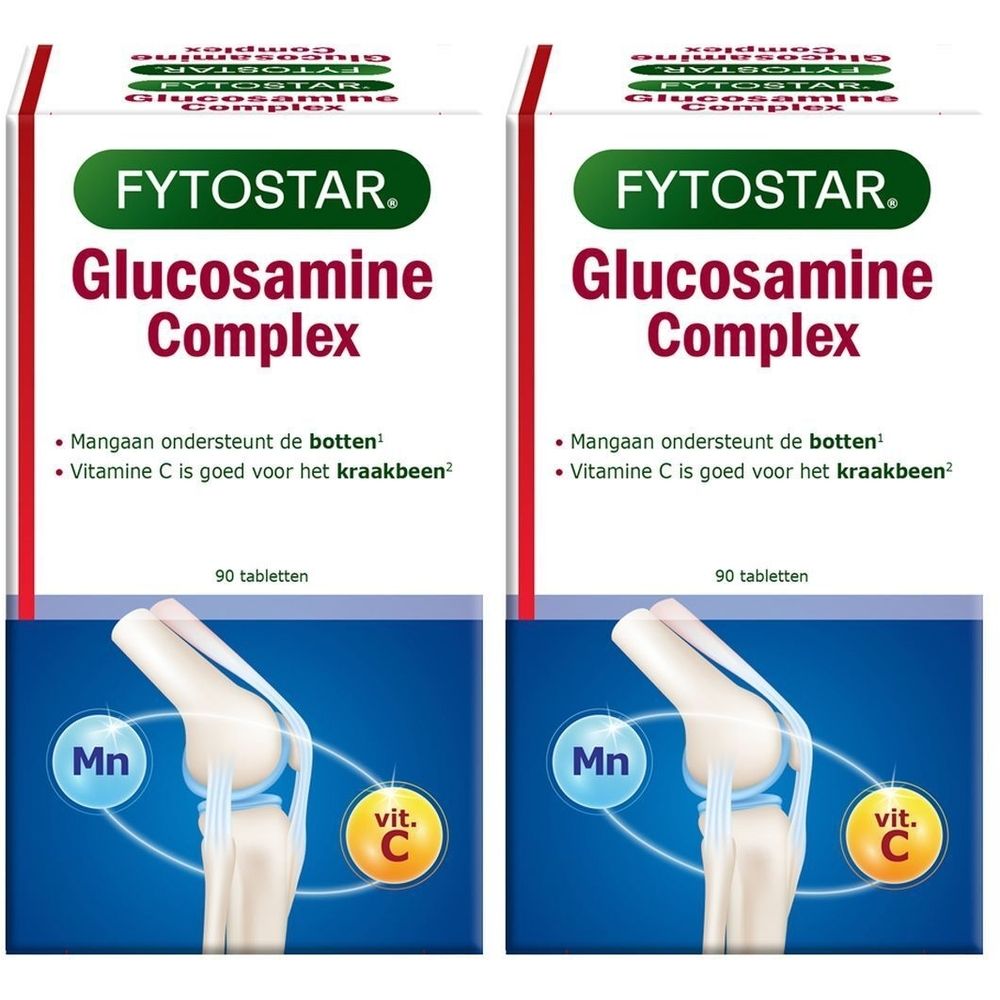 Twee dozen Fytostar Glucosamine Complex. Opschrift: 90 tabletten. Illustratie van een knie met Mn en vit. C.
