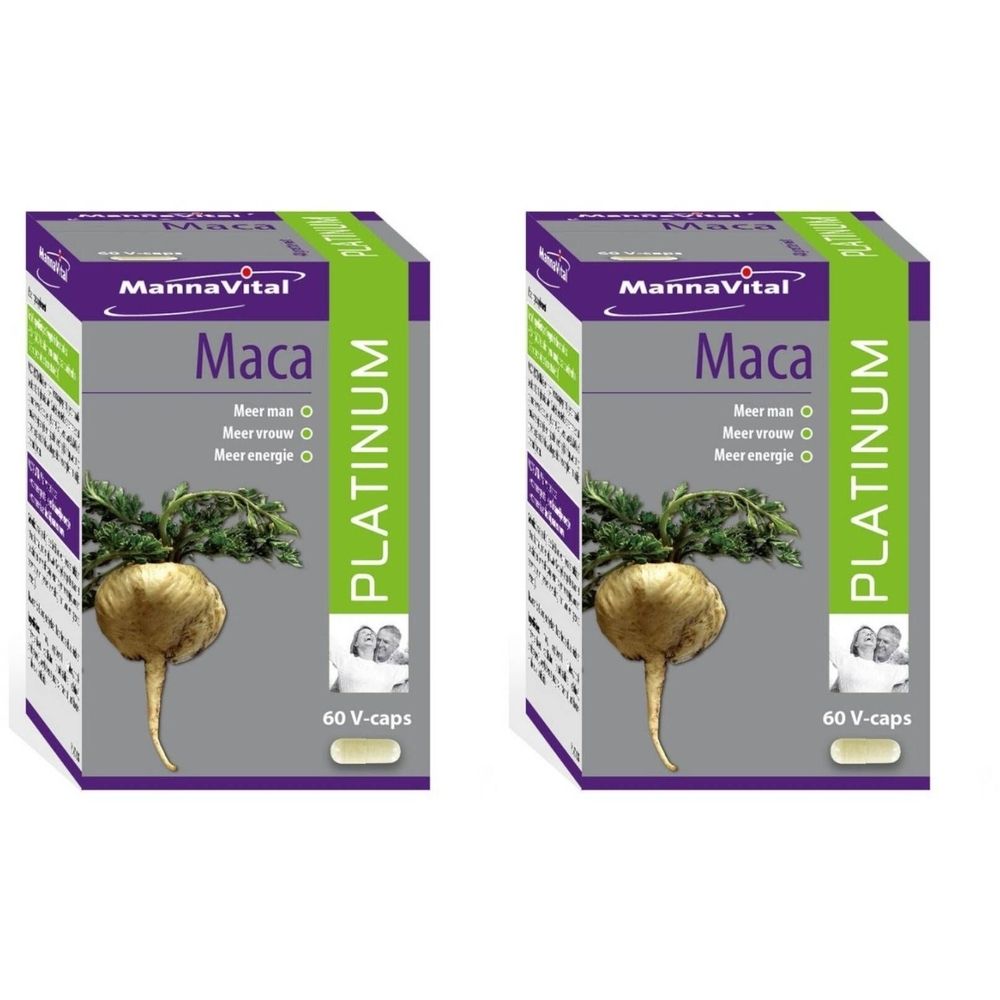 Twee dozen met "Maca Platinum". Elke doos toont een wortel. Tekst: "Meer mas, Meer vrouw, Meer energie". 60 V-caps.