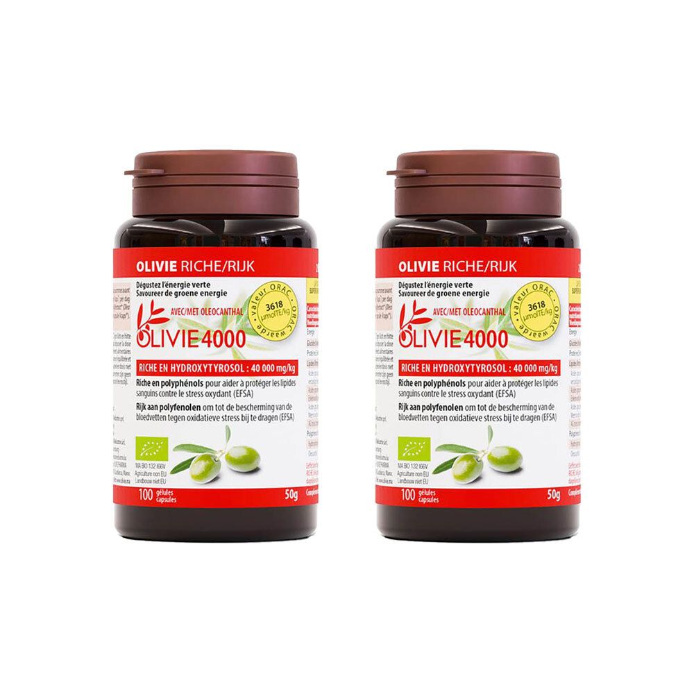Twee bruine flessen met rood etiket. Opschrift: Olivie 4000. Bevat hydroxytyrosol. Met olijf-illustratie en bio-keurmerk.