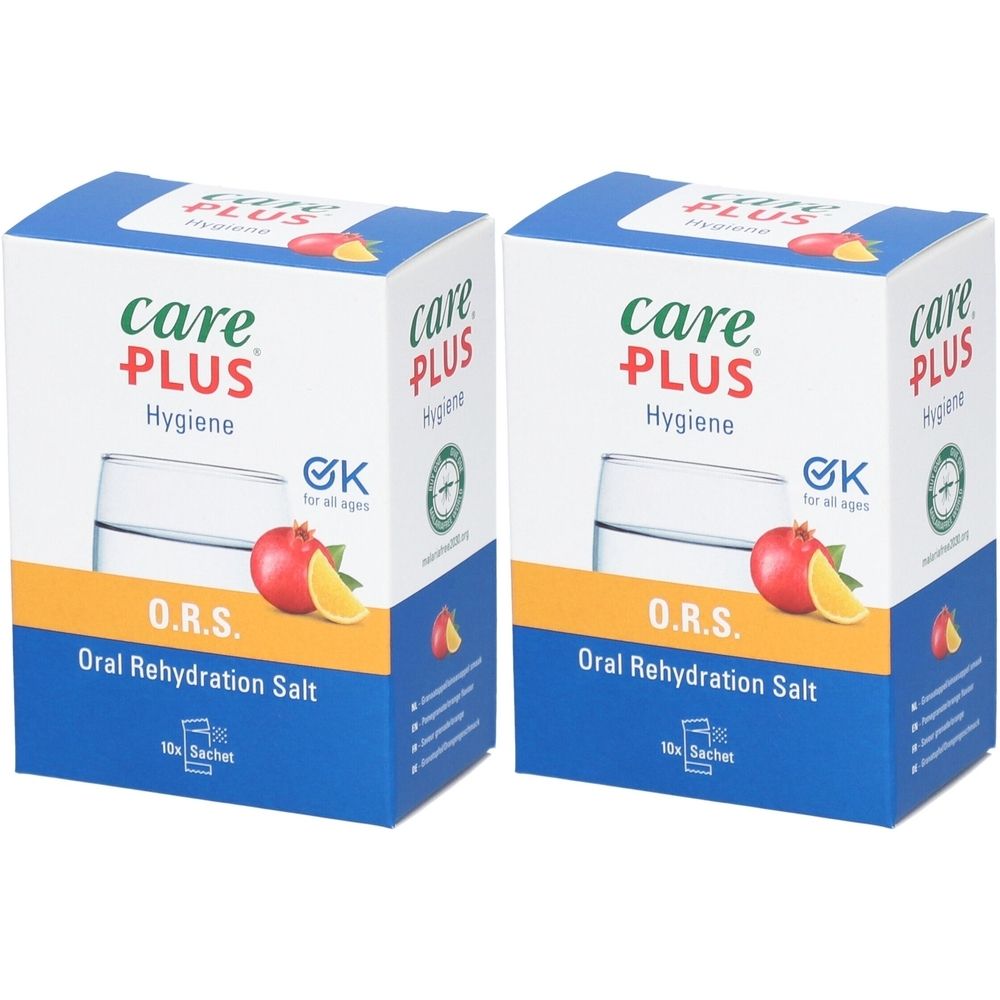 Twee dozen Care Plus O.R.S. met "Hygiëne". Illustratie: glas, granaatappel, citroen. Tekst: O.R.S. Oral Rehydration Salt. 10 sachets.