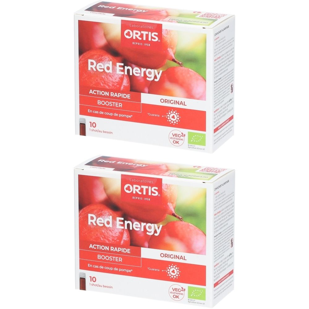 Twee dozen "Red Energy" van Ortis. Opschrift "Action Rapide Booster". Bevat 10 zakjes. Met bio- en vegan keurmerk.