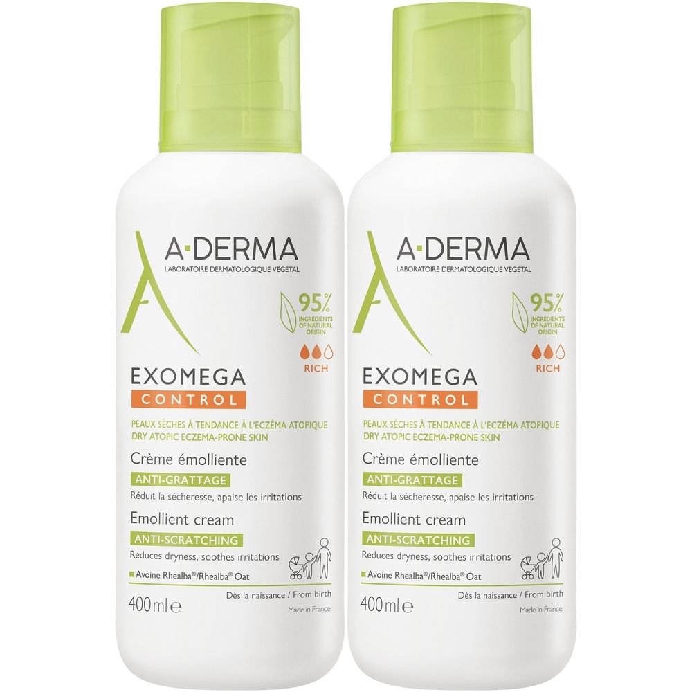 Twee witte flessen met groene doppen. Opschrift: A-DERMA EXOMEGA CONTROL Crème émolliente. 400 ml.