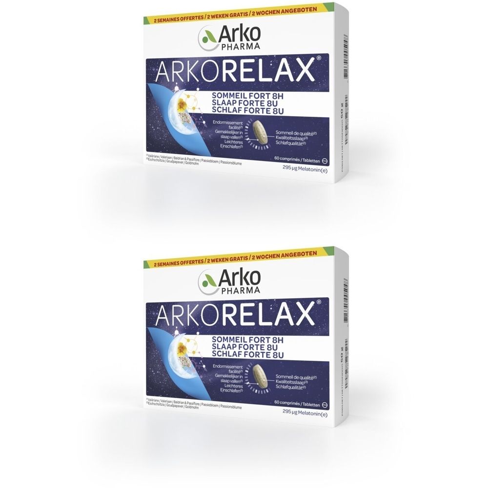 Witte doos met ARKORELAX. Tekst: SOMMEIL FORT 8H, SLAAP FORTE BU, SCHLAF FORTE BU. Merk Arko Pharma.
