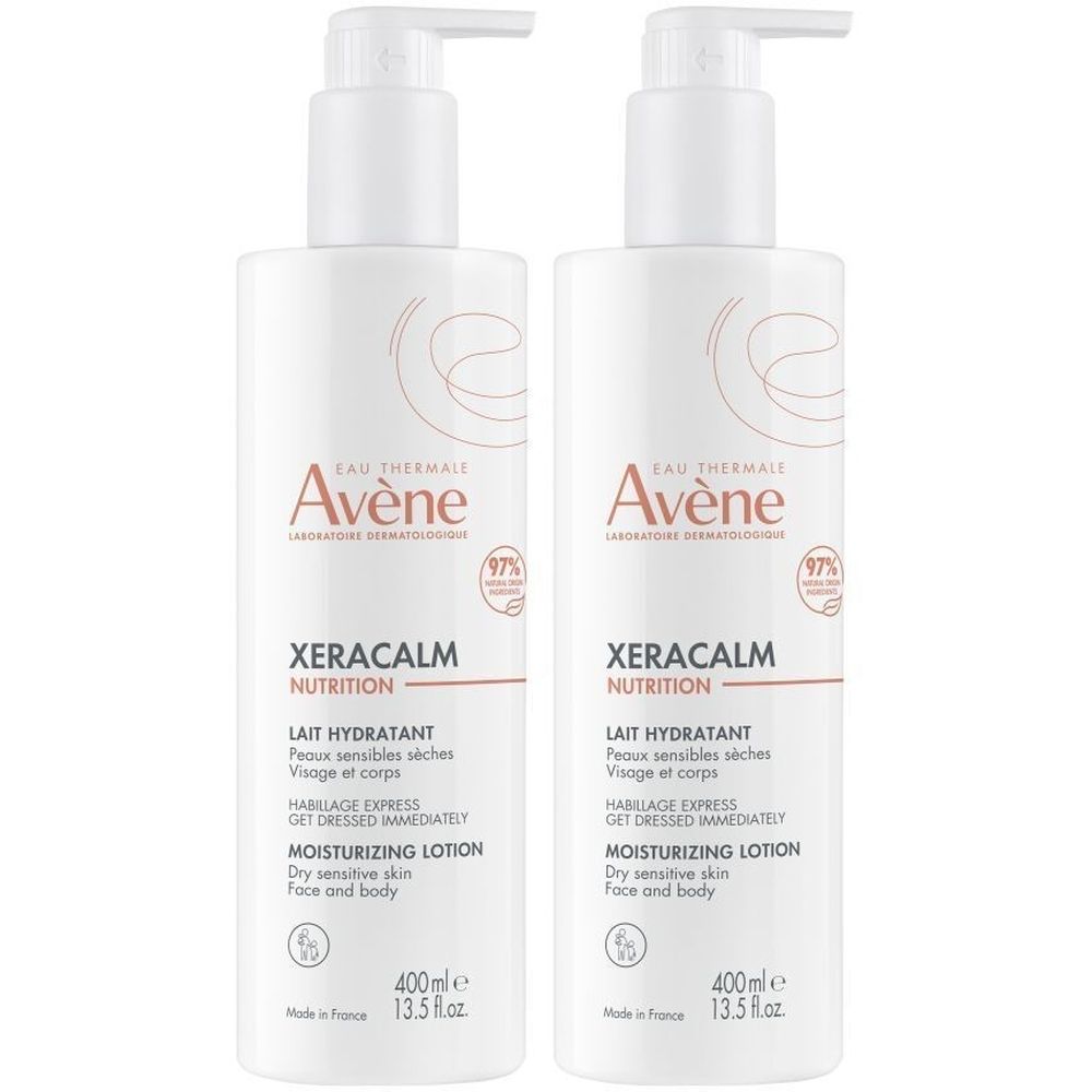 Twee witte flessen met pomp. Opschrift: Avène Xeracalm Nutrition, Lait Hydratant, 400ml. Voor droge, gevoelige huid.