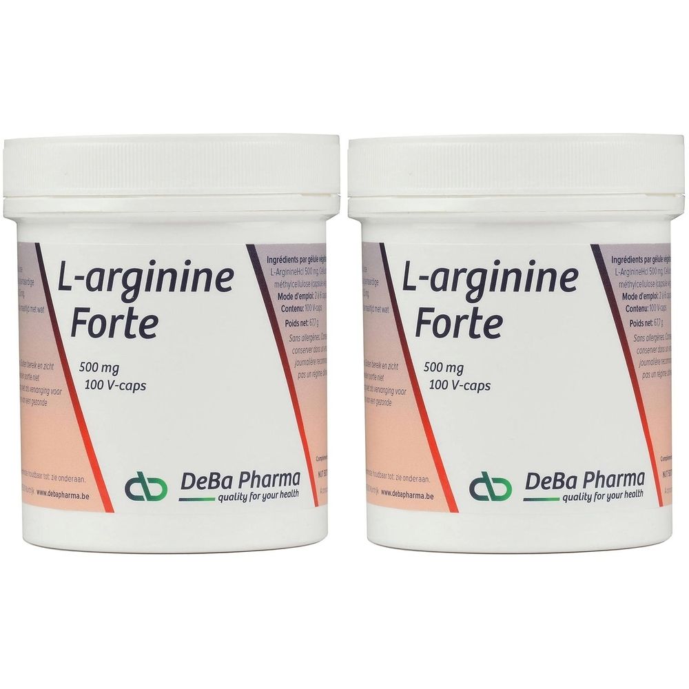 Twee witte potten met deksels. Opschrift: L-arginine Forte, 500 mg, 100 V-caps. Merk: DeBa Pharma.