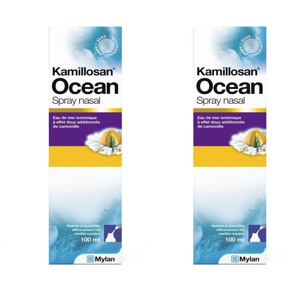 Deux boîtes de Kamillosan Ocean Spray nasal. Blanc, bleu, jaune. Texte: Kamillosan, Ocean, Spray nasal. 100 ml.