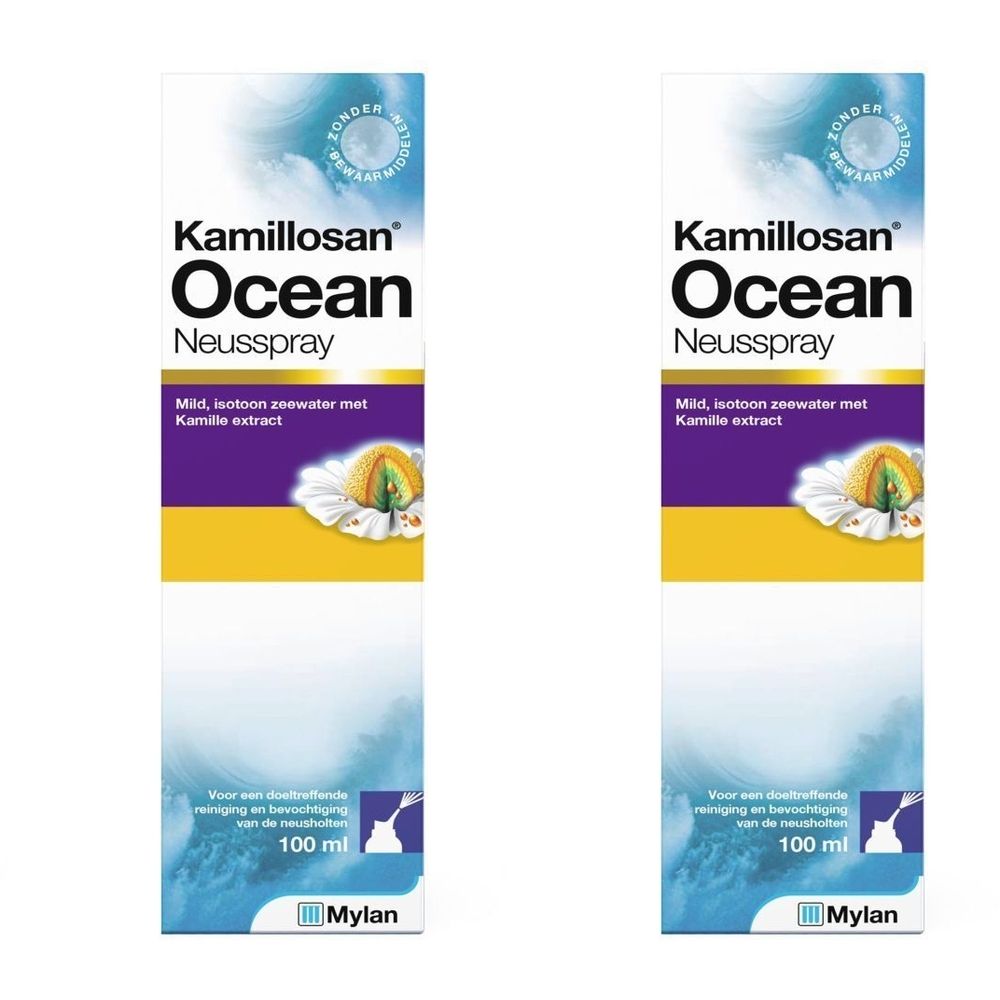 Twee verpakkingen Kamillosan Ocean Neusspray. Wit, blauw, geel. Tekst: Kamillosan, Ocean, Neusspray. 100 ml.