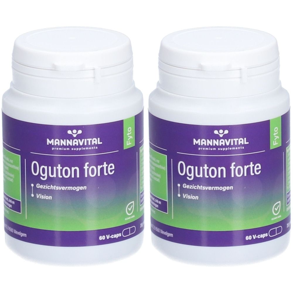Twee witte flessen met paarse etiketten. Op de etiketten staat "MANNAVITAL Oguton forte" en "Vision". 