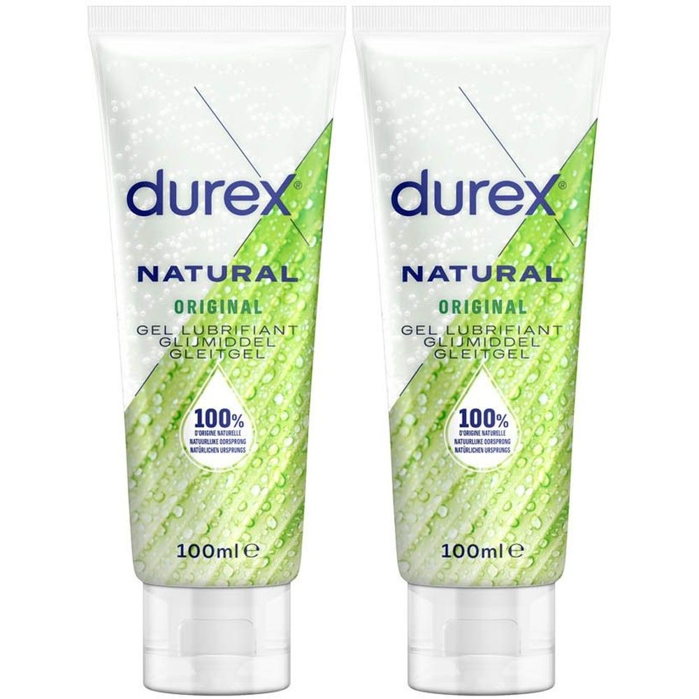 Twee tubes Durex Natural Original glijmiddel. Witte tubes met groene accenten en productaanduidingen.
