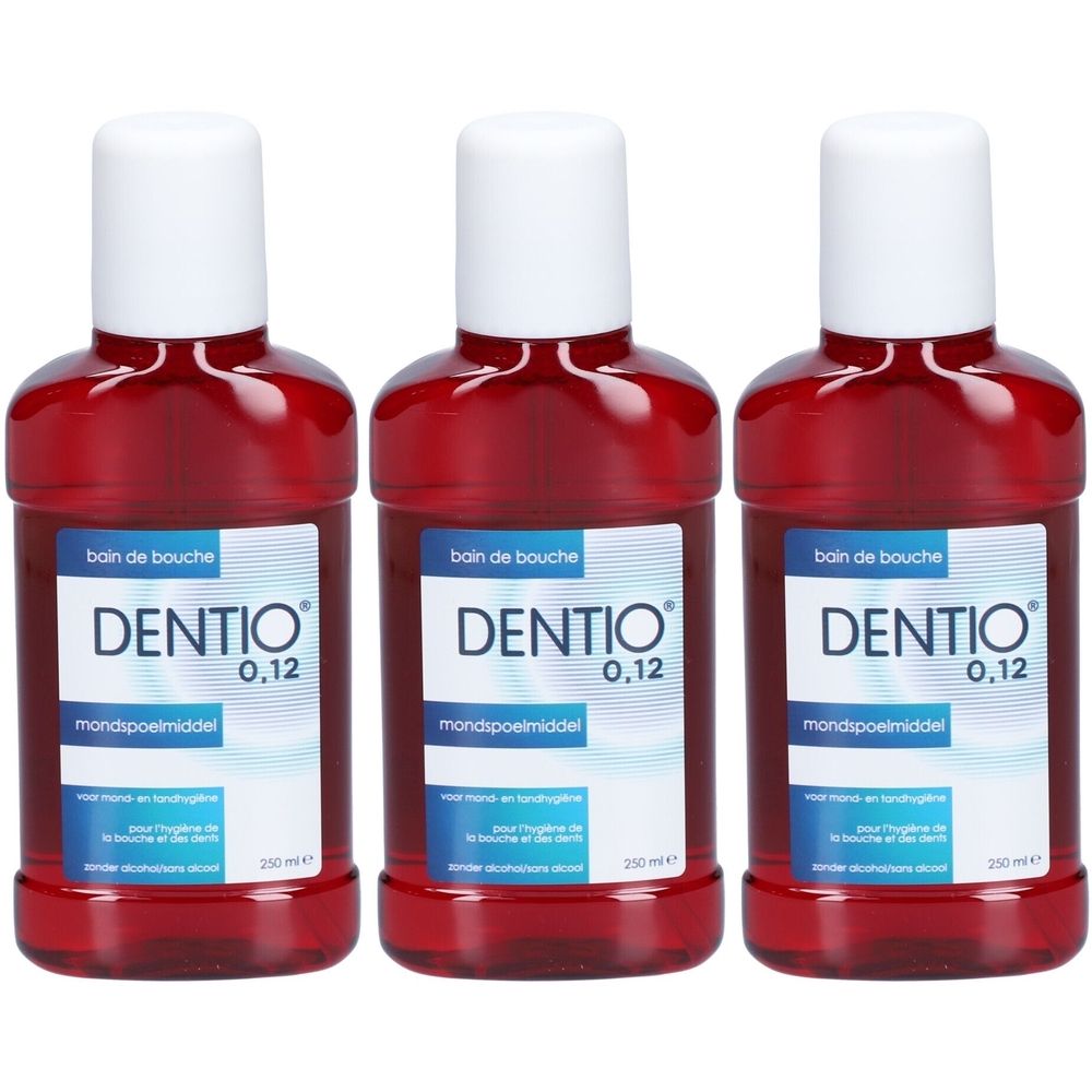 Drie flessen mondspoeling. Rode vloeistof in transparante flessen met witte doppen. Opschrift: DENTIO 0,12.