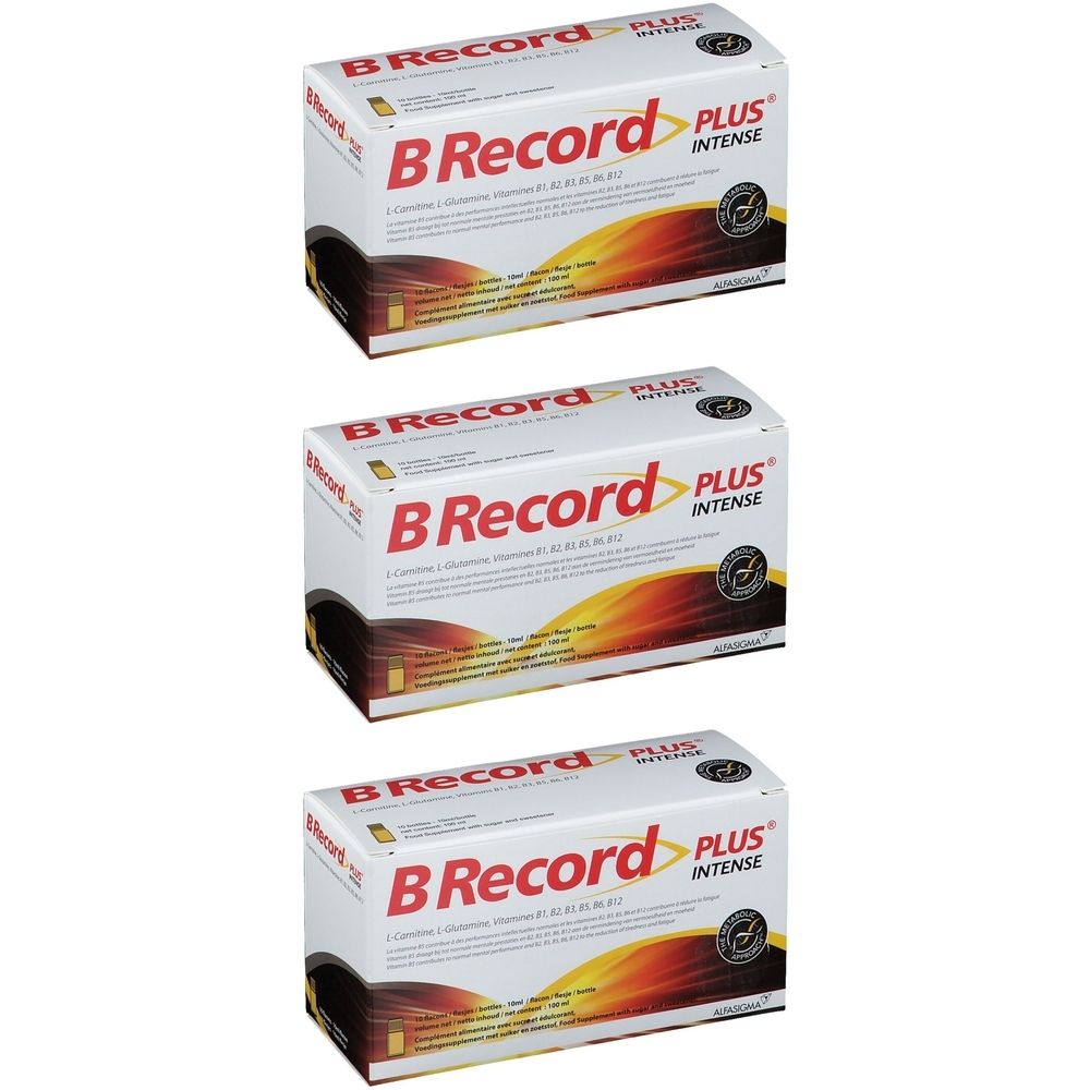 Trois boîtes de "B Record PLUS INTENSE". Emballage avec graphique jaune-orangé. Inscriptions en noir et blanc.