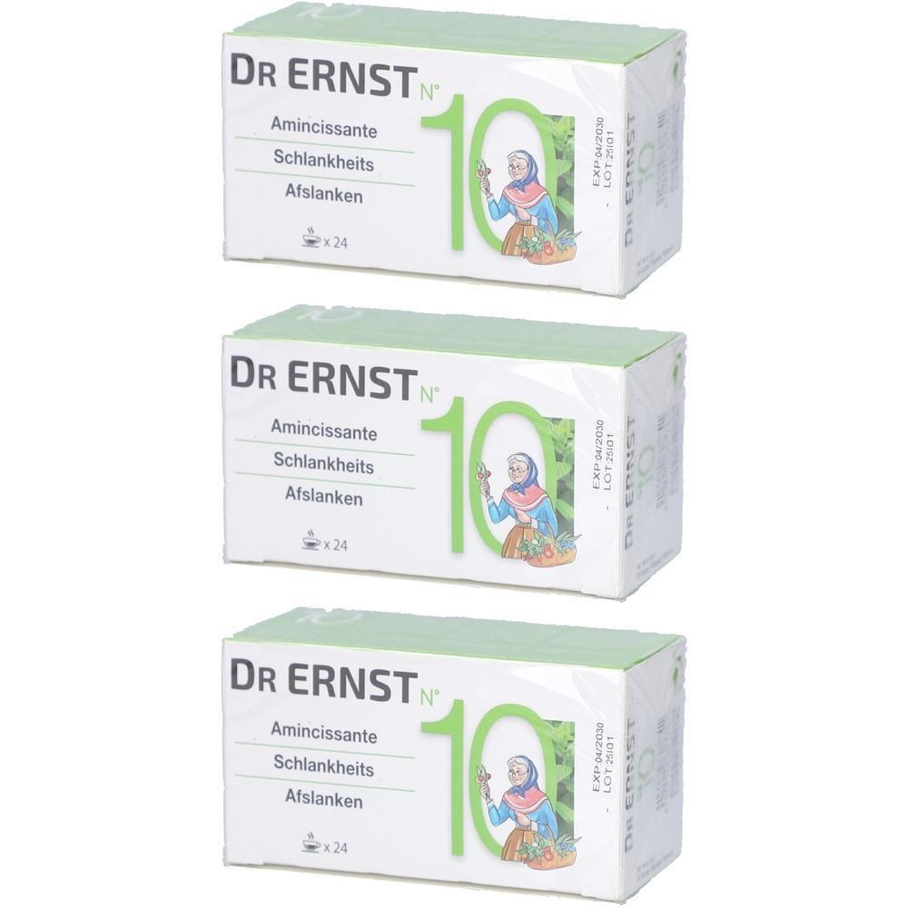 Drie dozen DR. ERNST's Nr. 10 Amincissante. Groen-witte verpakking met tekst en illustratie.