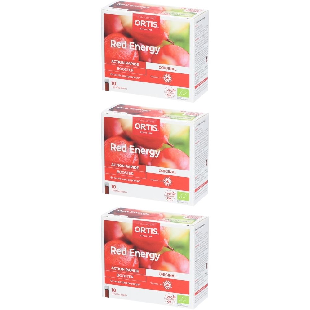 Drie dozen Red Energy BIO. Elke doos toont Ortis, Red Energy, 10 capsules en een biologisch label.