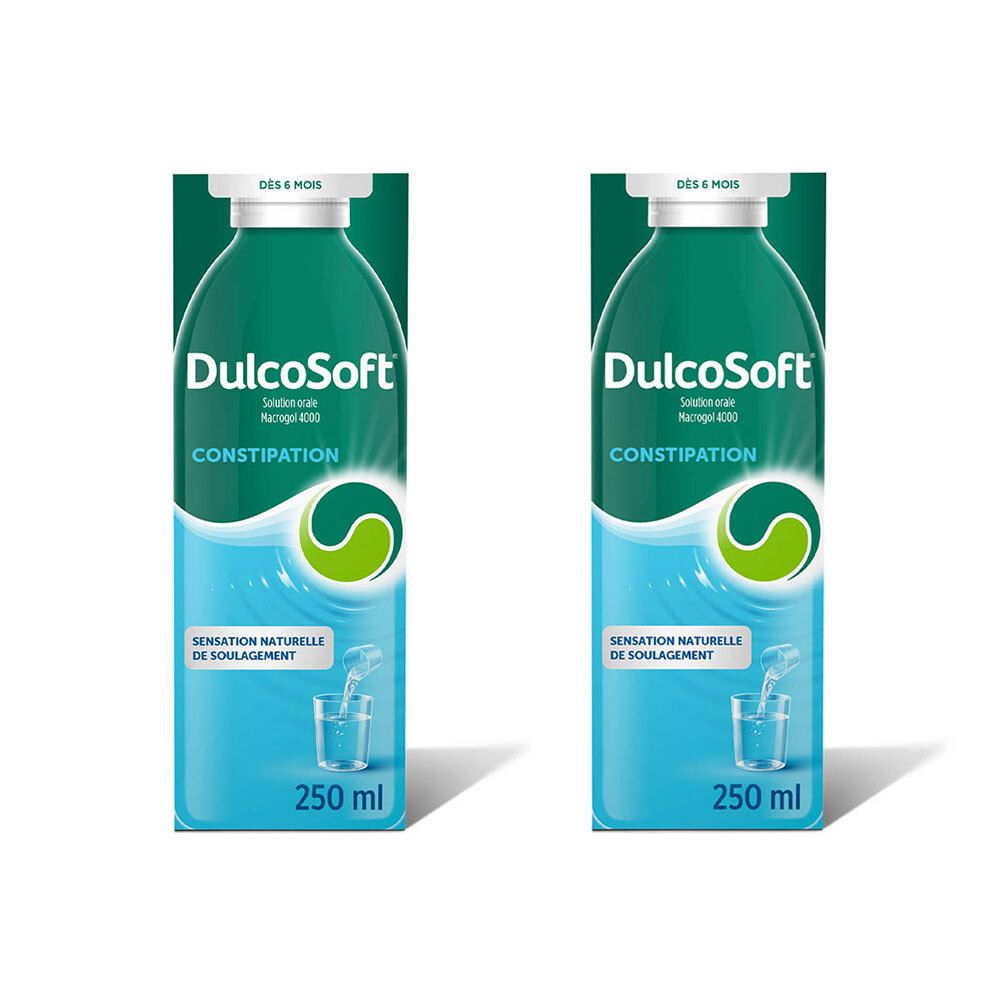 Twee flessen DulcoSoft. Groen-wit etiket met productnaam en opschrift 'Constipation'. 250 ml.