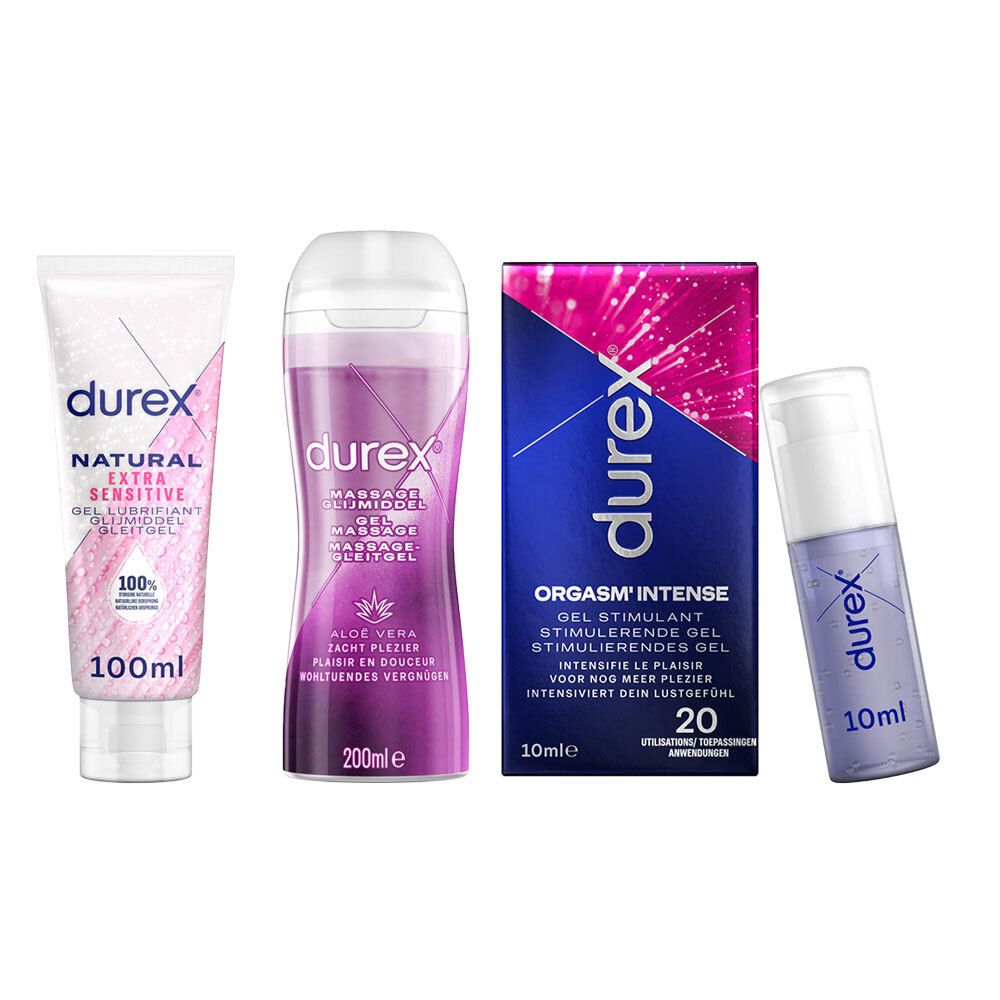 Quatre produits Durex : gel lubrifiant, gel massage et deux gels stimulants. Inscriptions visibles : Natural, Extra Sensitive, Orgasm'Intense.