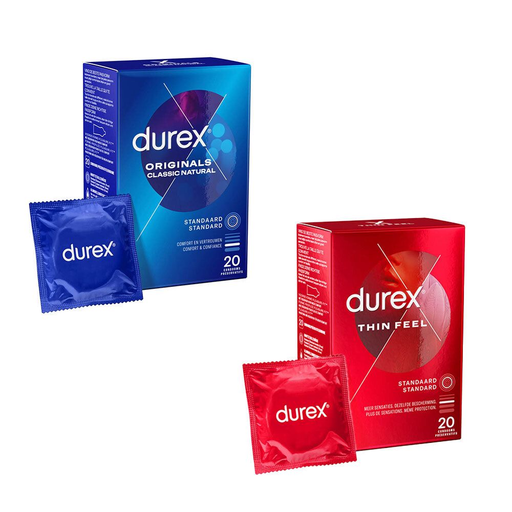 Twee dozen en condooms. Een blauwe doos met "ORIGINALS CLASSIC NATURAL". Een rode doos met "THIN FEEL".