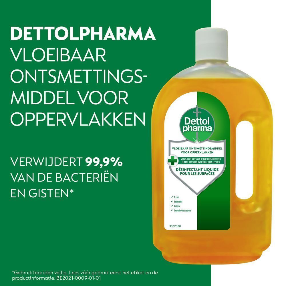 Fles Dettol Pharma Désinfectant Liquide. Tekst: Vloeibaar ontsmettingsmiddel voor oppervlakken. Verwijdert 99,9% van bacteriën en gisten.