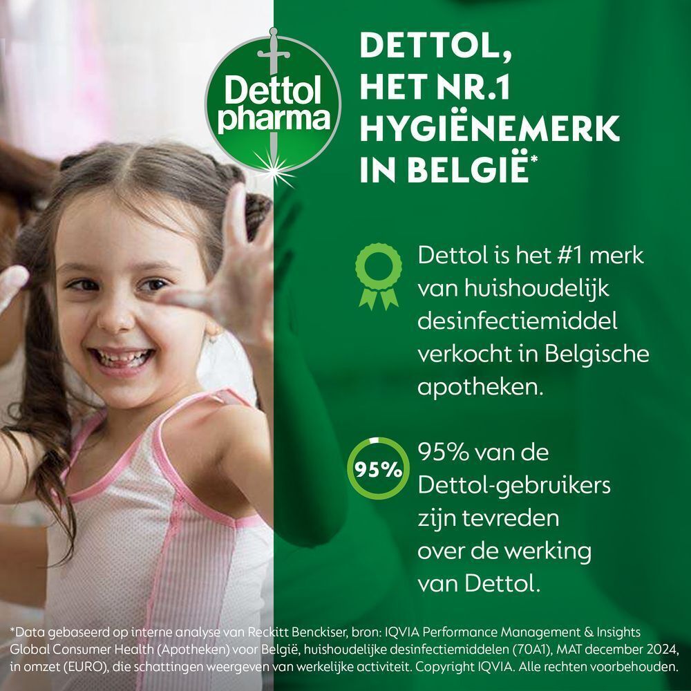 Meisje met vlechten. Tekst: Dettol, het nr.1 hygiënemerk in België. 95% van de Dettol-gebruikers zijn tevreden over de werking van Dettol.