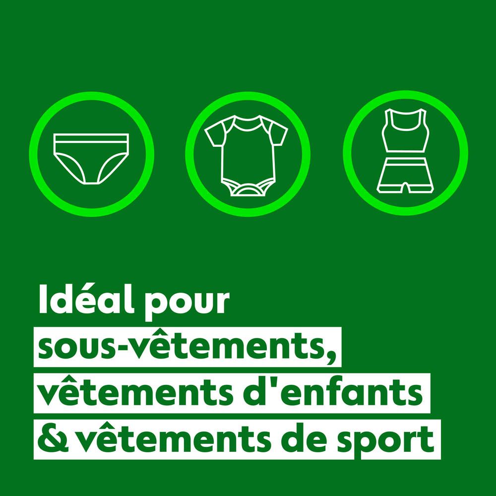 Trois cercles avec icônes de sous-vêtements, vêtements d'enfants et vêtements de sport. Texte : 'Idéal pour sous-vêtements, vêtements d'enfants & vêtements de sport'.